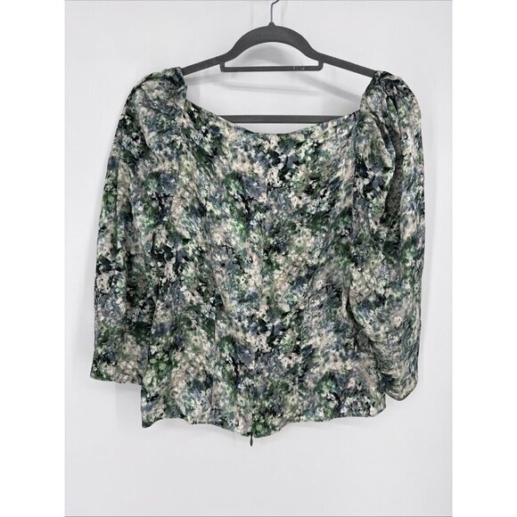 Vince Size 10 Floral Satin Blouse Green Square Neck Puff Sleeve Cottagecore New - Picture 8 of 10